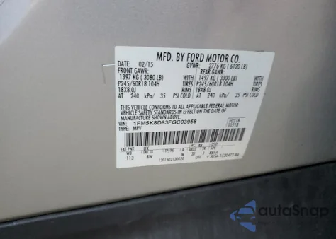 2015 Ford Explorer Xlt z USA, uszkodzony, nr VIN 1FM5K8D83FGC03958